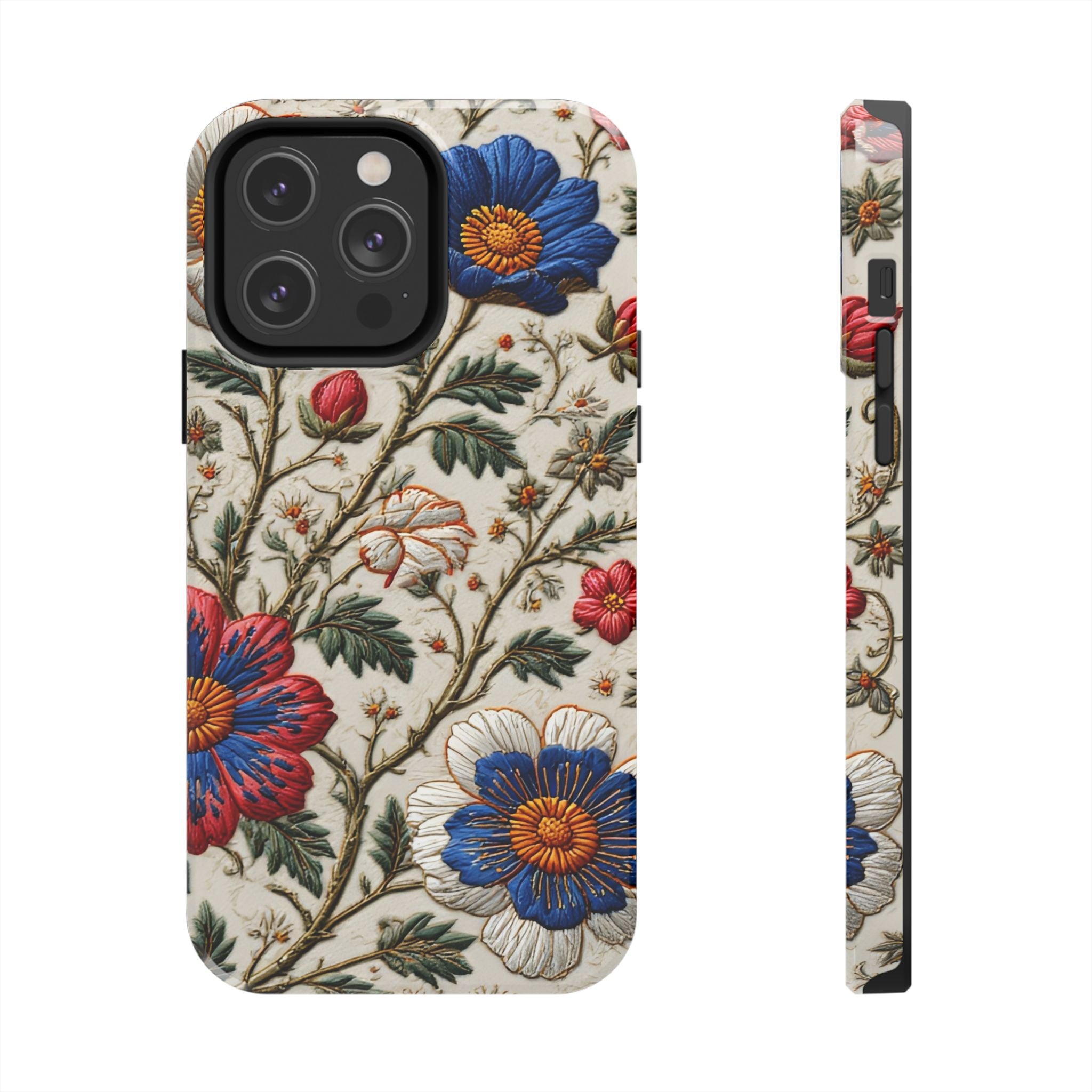 Floral Embroidery Tough Phone Case — Vintage Blue & Red Garden Design