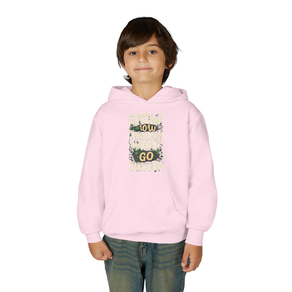 Youth Hoodie — 'Grow Slow, Go Through' Floral Motivational Hooded Sweatshirt