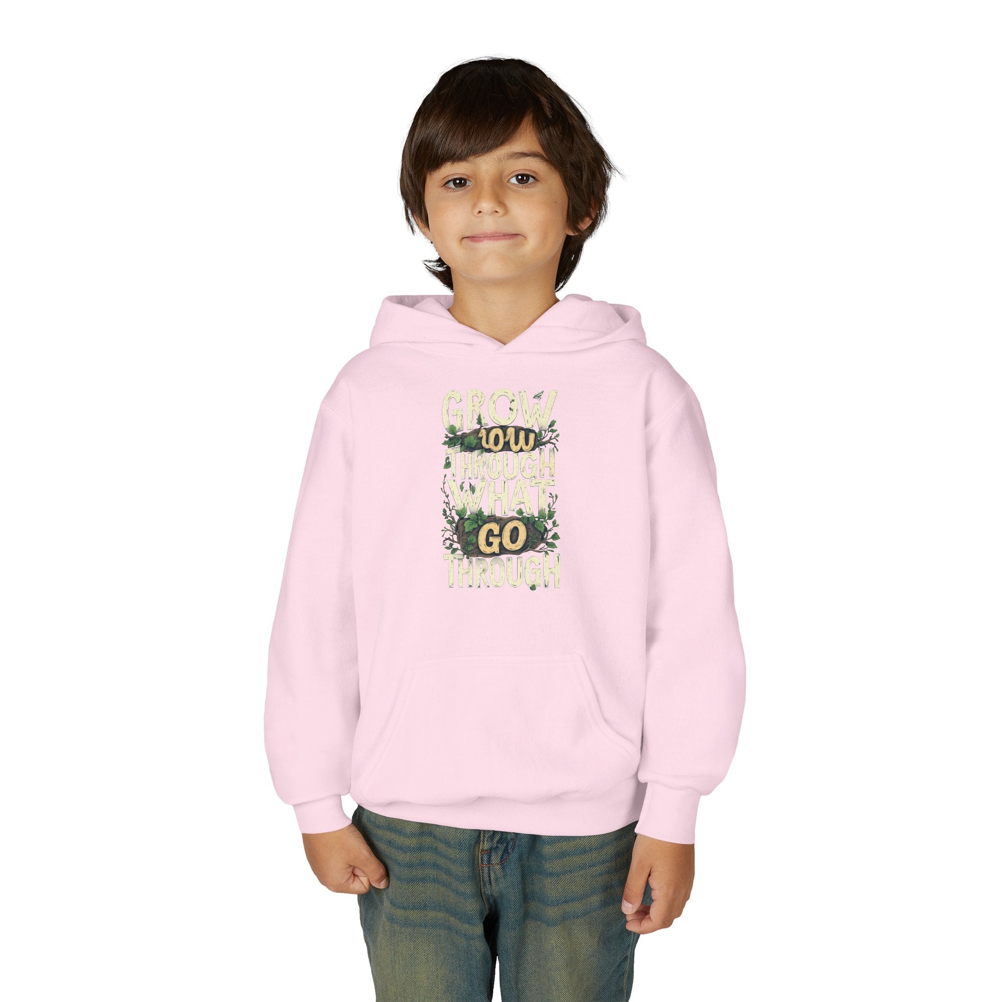 Youth Hoodie — 'Grow Slow, Go Through' Floral Motivational Hooded Sweatshirt
