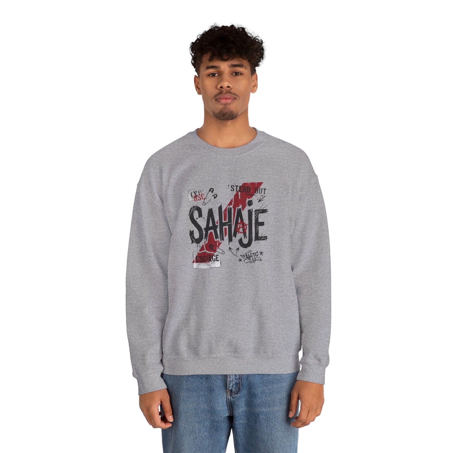 Crewneck Sweatshirt — 'Sahaje' Distressed Script Graphic