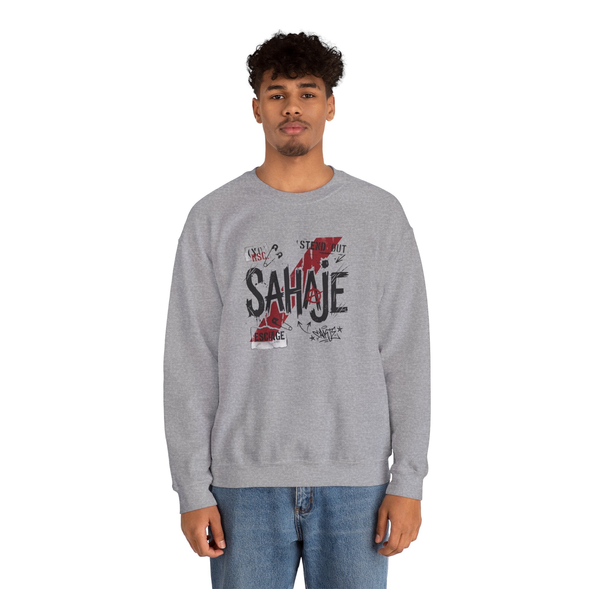 Crewneck Sweatshirt — 'Sahaje' Distressed Script Graphic