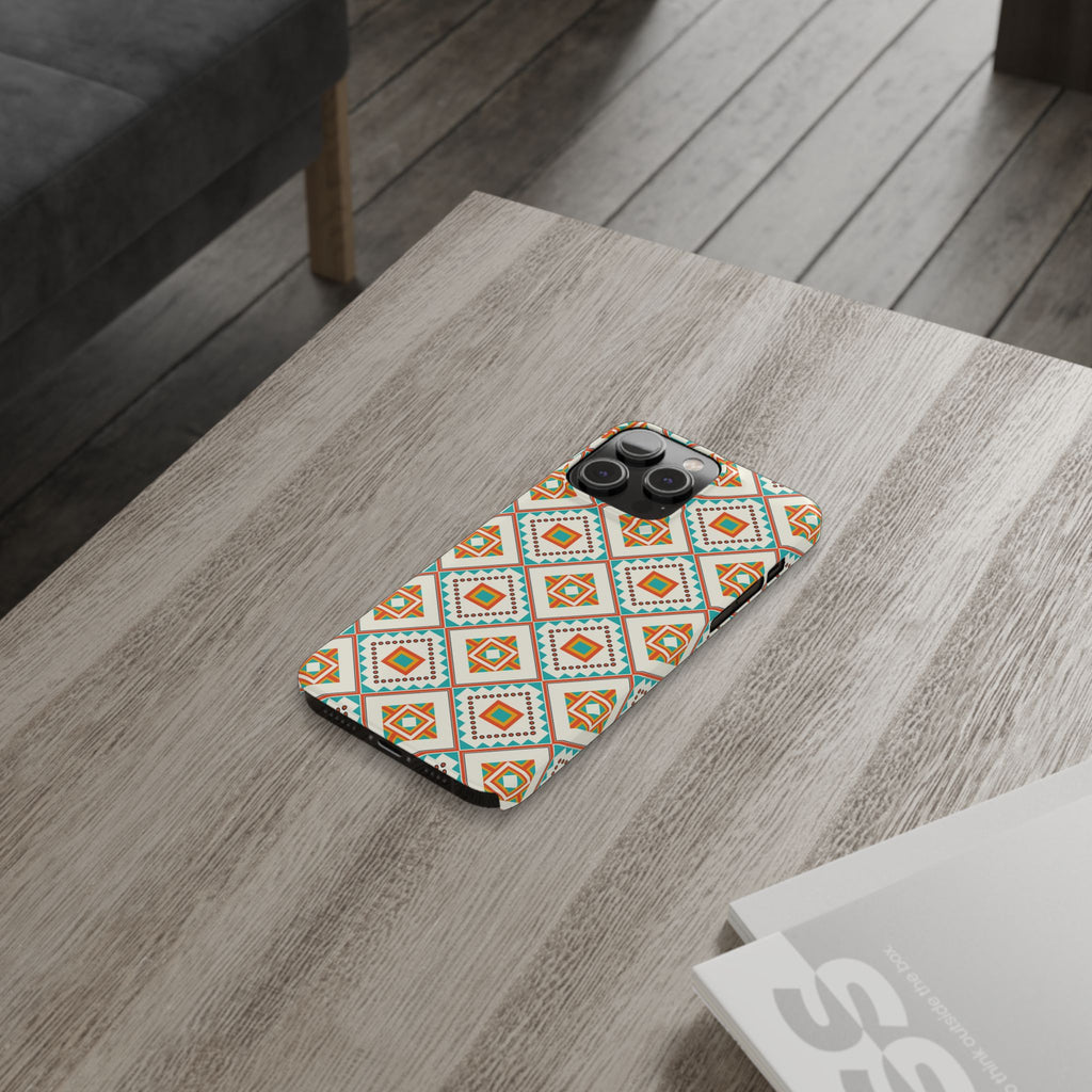 Slim Phone Case — Retro Geometric Tile Pattern (Turquoise & Orange)