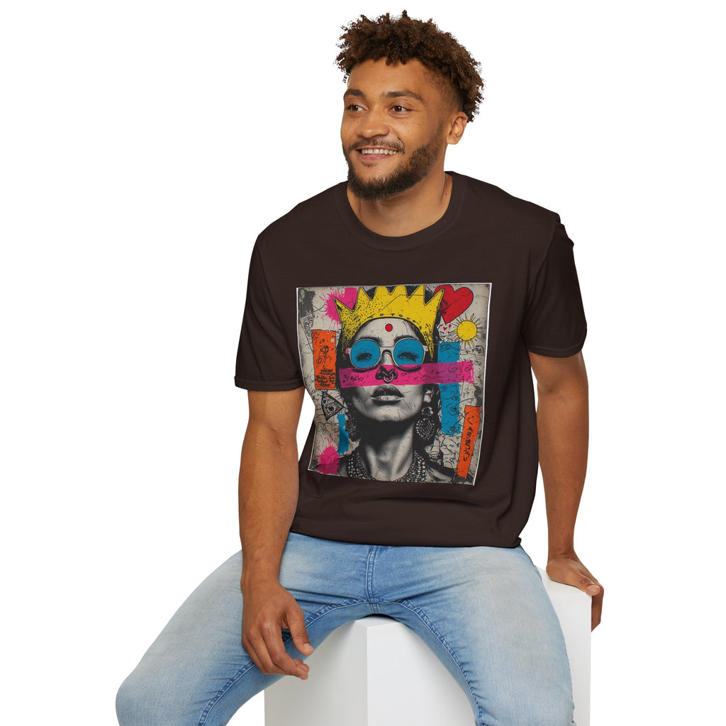 Abstract Pop Art Portrait T-Shirt — Neon Crown & Sunglasses Graphic