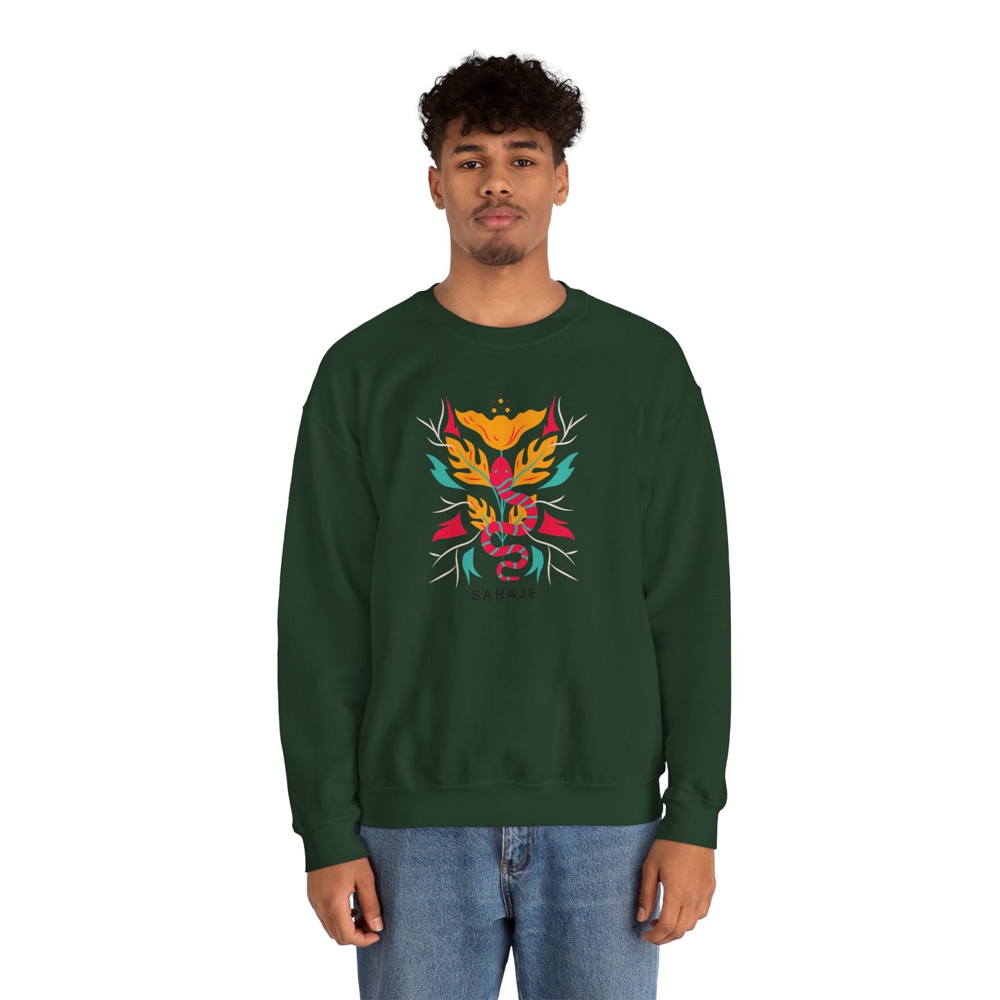 Sahajé Floral Snake Crewneck Sweatshirt — Colorful Botanical Serpent Graphic