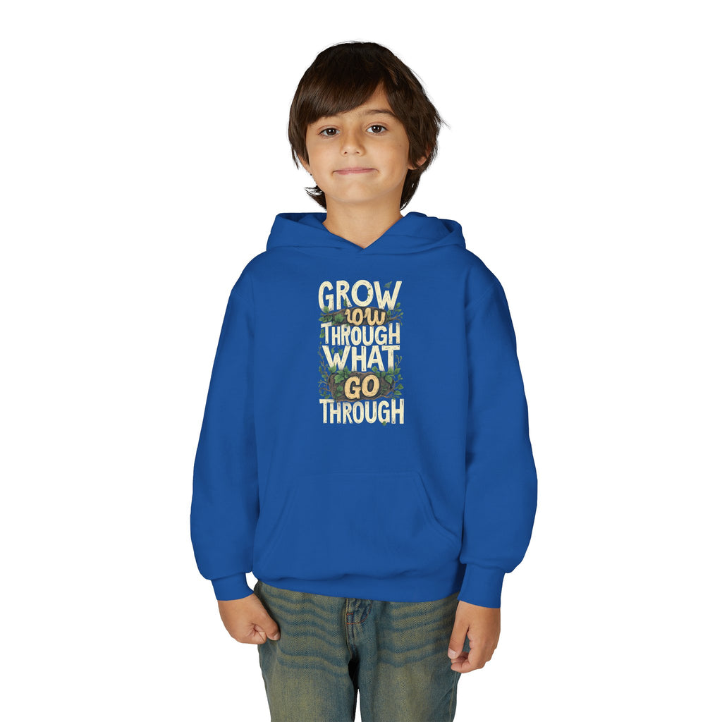 Youth Hoodie — 'Grow Slow, Go Through' Floral Motivational Hooded Sweatshirt