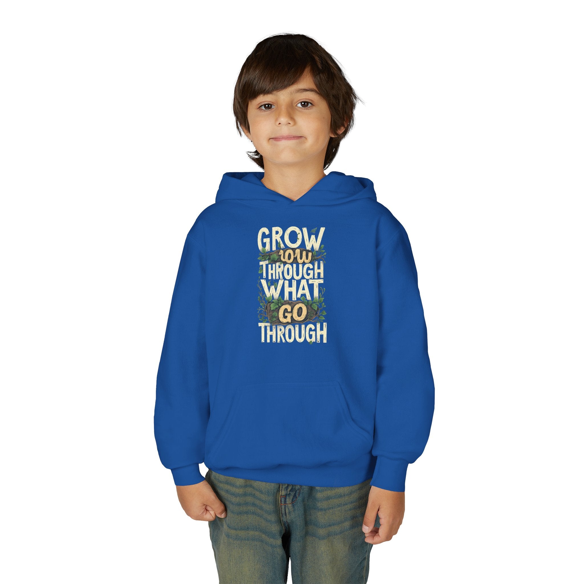 Youth Hoodie — 'Grow Slow, Go Through' Floral Motivational Hooded Sweatshirt