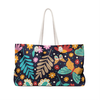 Colorful Floral Weekender Bag, Travel Tote, Oversized Beach Bag, Butterfly Design, Perfect for Vacations and Getaways