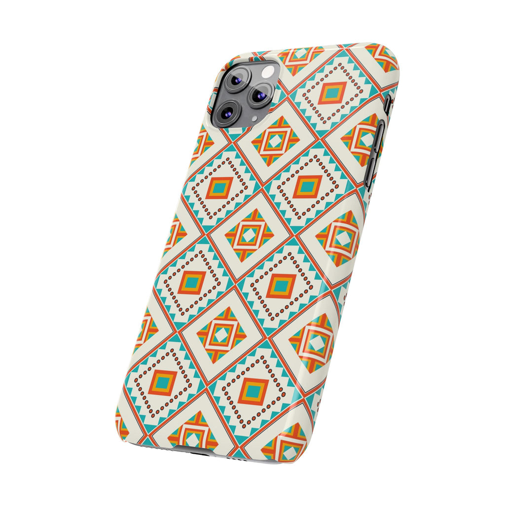 Slim Phone Case — Retro Geometric Tile Pattern (Turquoise & Orange)