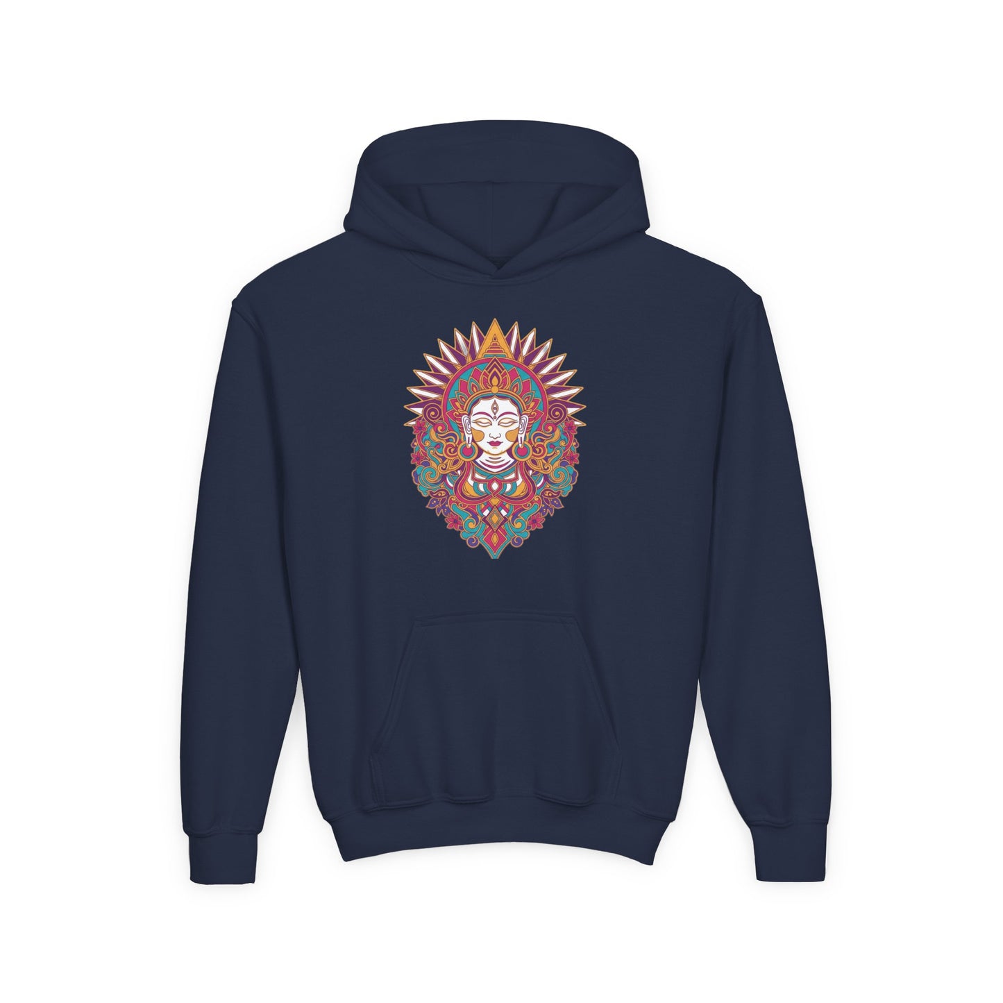 Youth Hoodie with Colorful Sugar Skull Goddess Design — Day of the Dead Kids Pullover