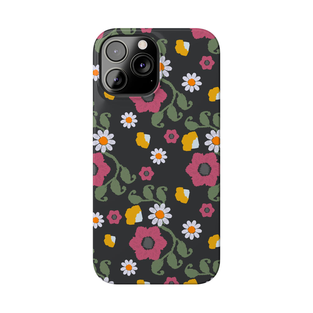 Floral Slim Phone Case, Black Flower Phone Cover, Stylish Phone Accessory, Gift for Her, Trendy Floral Case