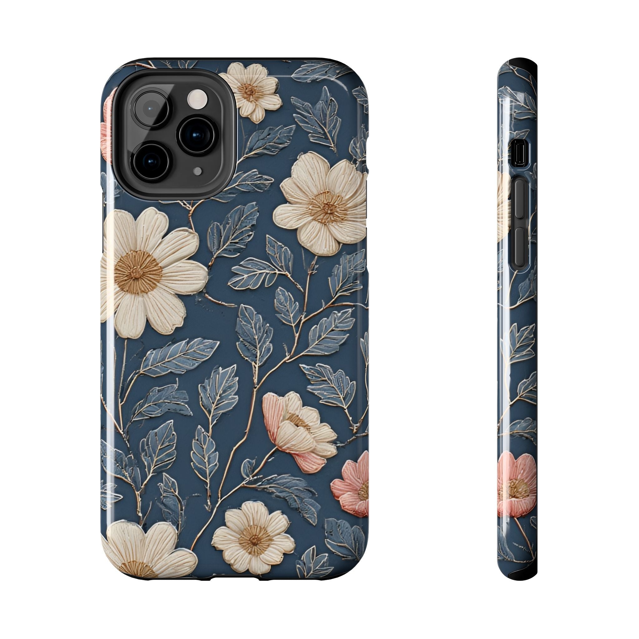 Floral Tough Phone Case — Vintage Blue Daisy Protective Cover