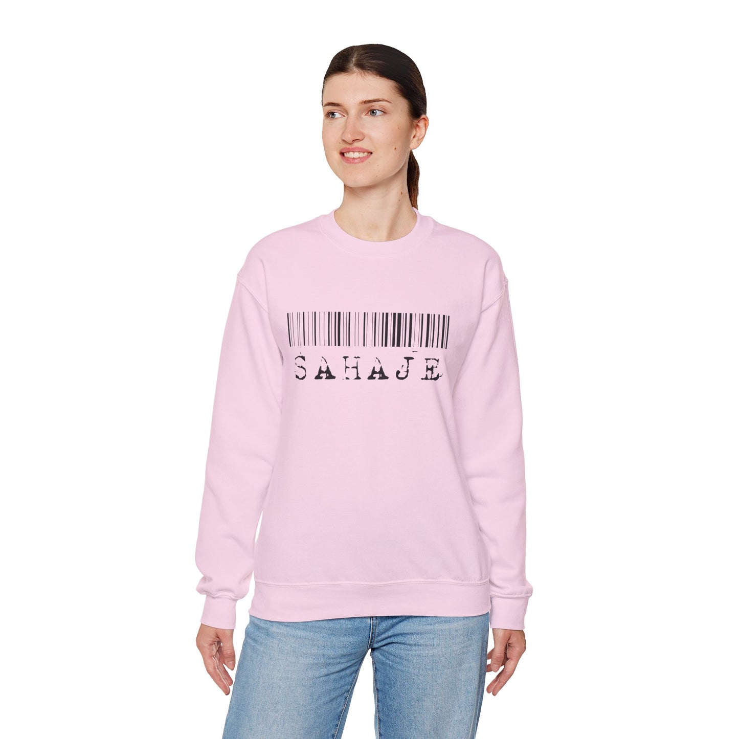 Sahaje Barcode Crewneck Sweatshirt — Minimalist White Graphic Pullover