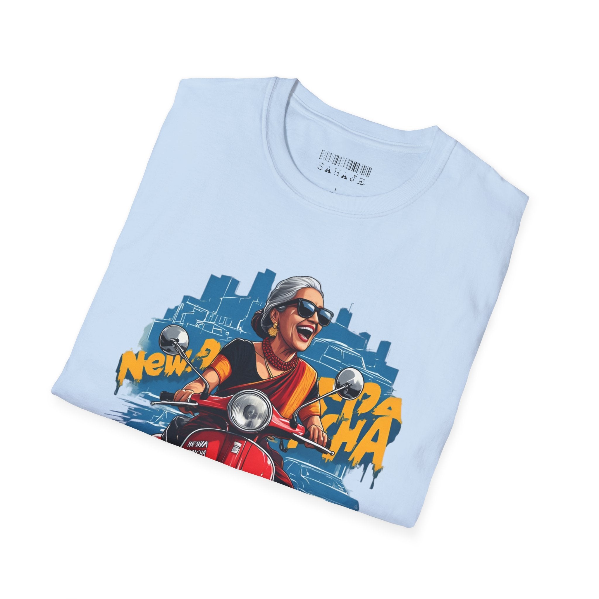 Newa Maicha Riding Scooter T-Shirt – Newari Woman in New York Graphic Tee, Cultural & Urban Design
