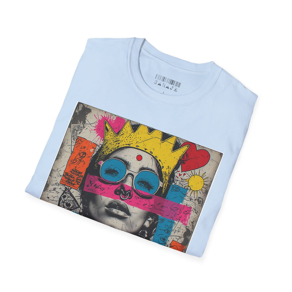Abstract Pop Art Portrait T-Shirt — Neon Crown & Sunglasses Graphic