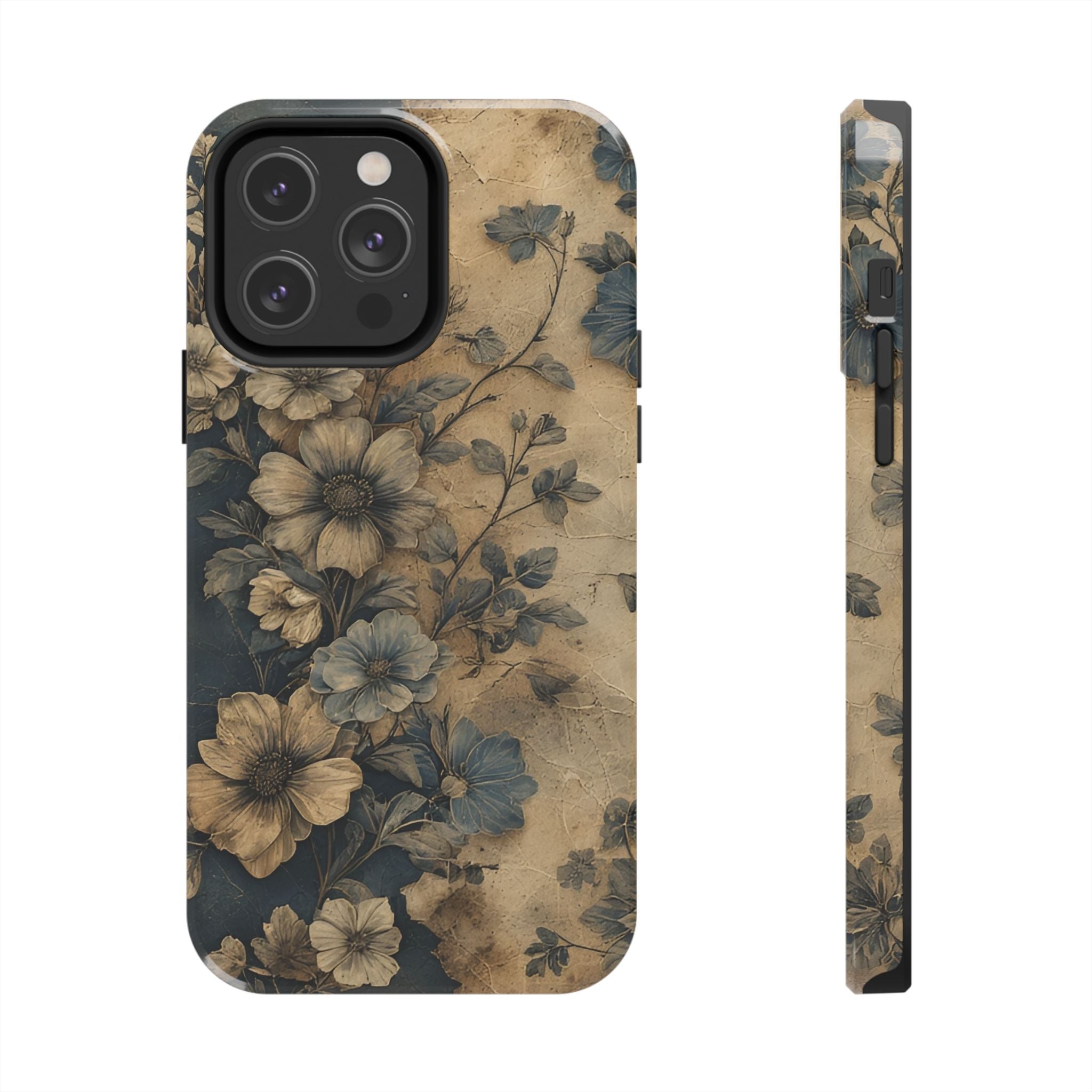 Vintage Floral Tough Phone Case — Antique Beige & Navy Protective Cover