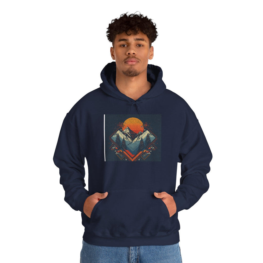 Mountain Sunset Hoodie – Retro Geometric Peaks & Rising Sun Sweatshirt