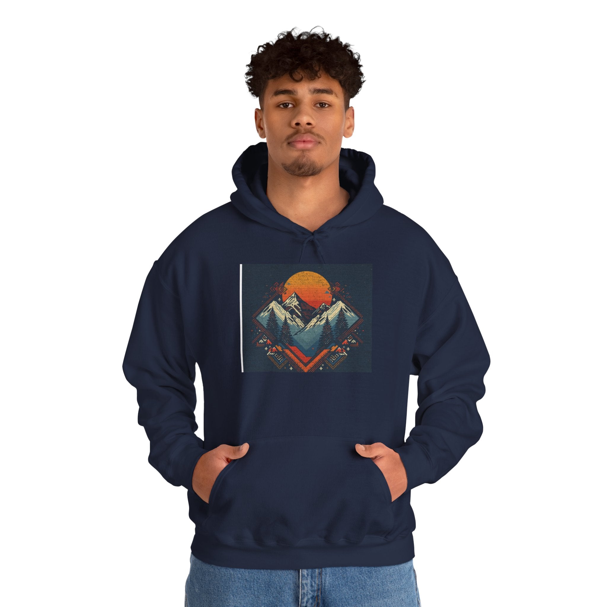 Mountain Sunset Hoodie – Retro Geometric Peaks & Rising Sun Sweatshirt