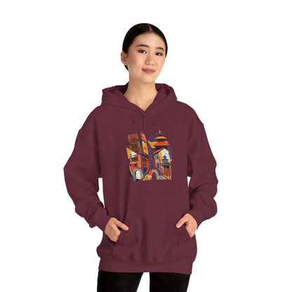 Cityscape Collage Hoodie — Colorful Urban Architecture Graphic Hoodie