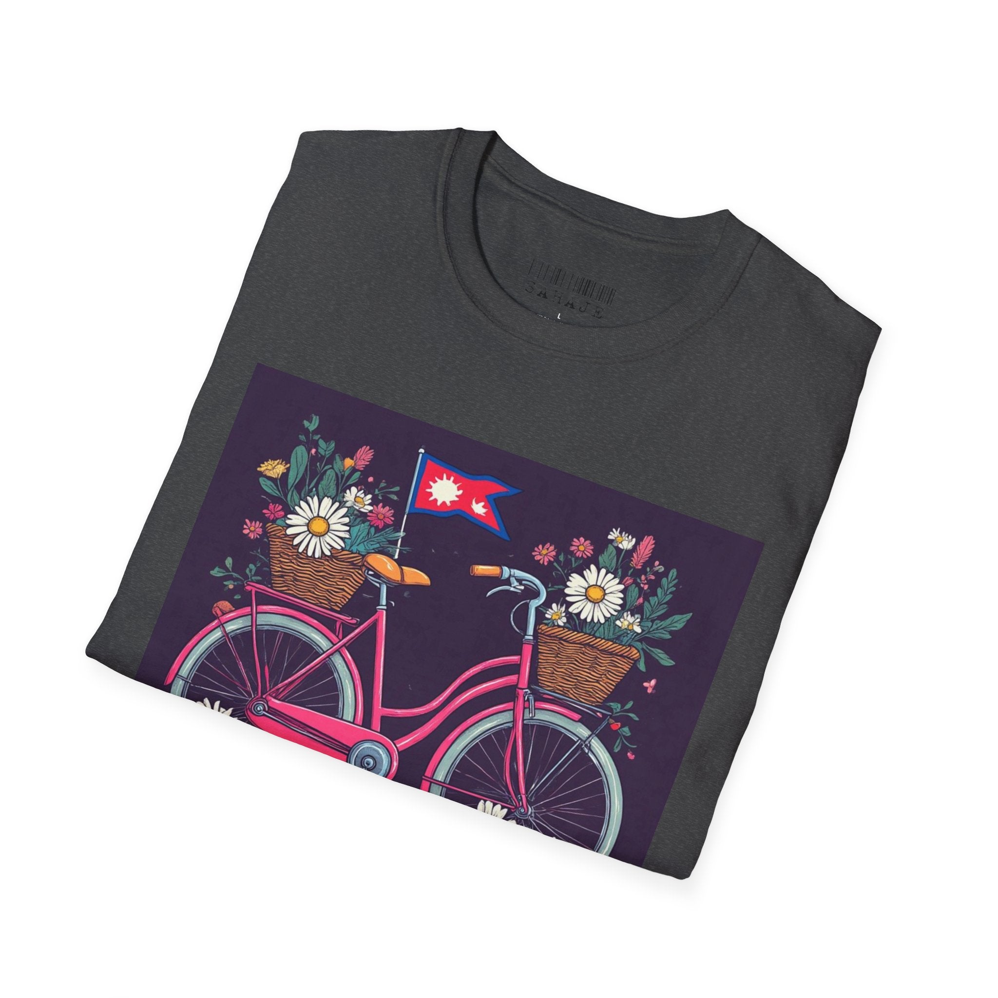 Bicycle Floral T-Shirt – Pink Bike with Baskets & "Sahaje" Text
