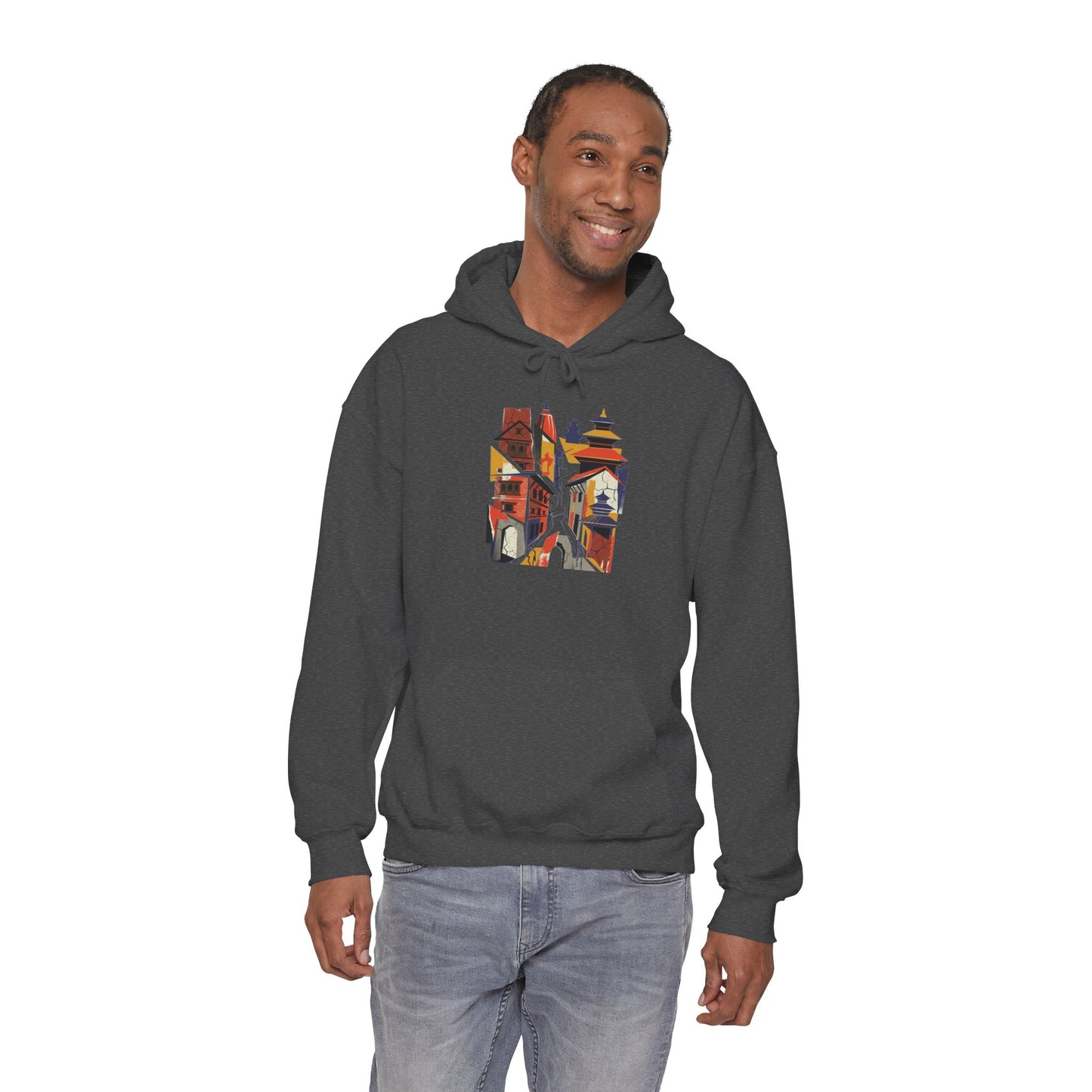 Cityscape Collage Hoodie — Colorful Urban Architecture Graphic Hoodie