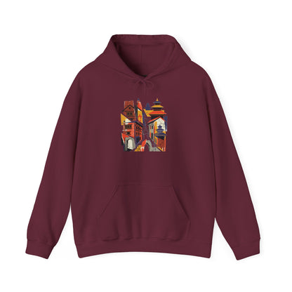 Cityscape Collage Hoodie — Colorful Urban Architecture Graphic Hoodie
