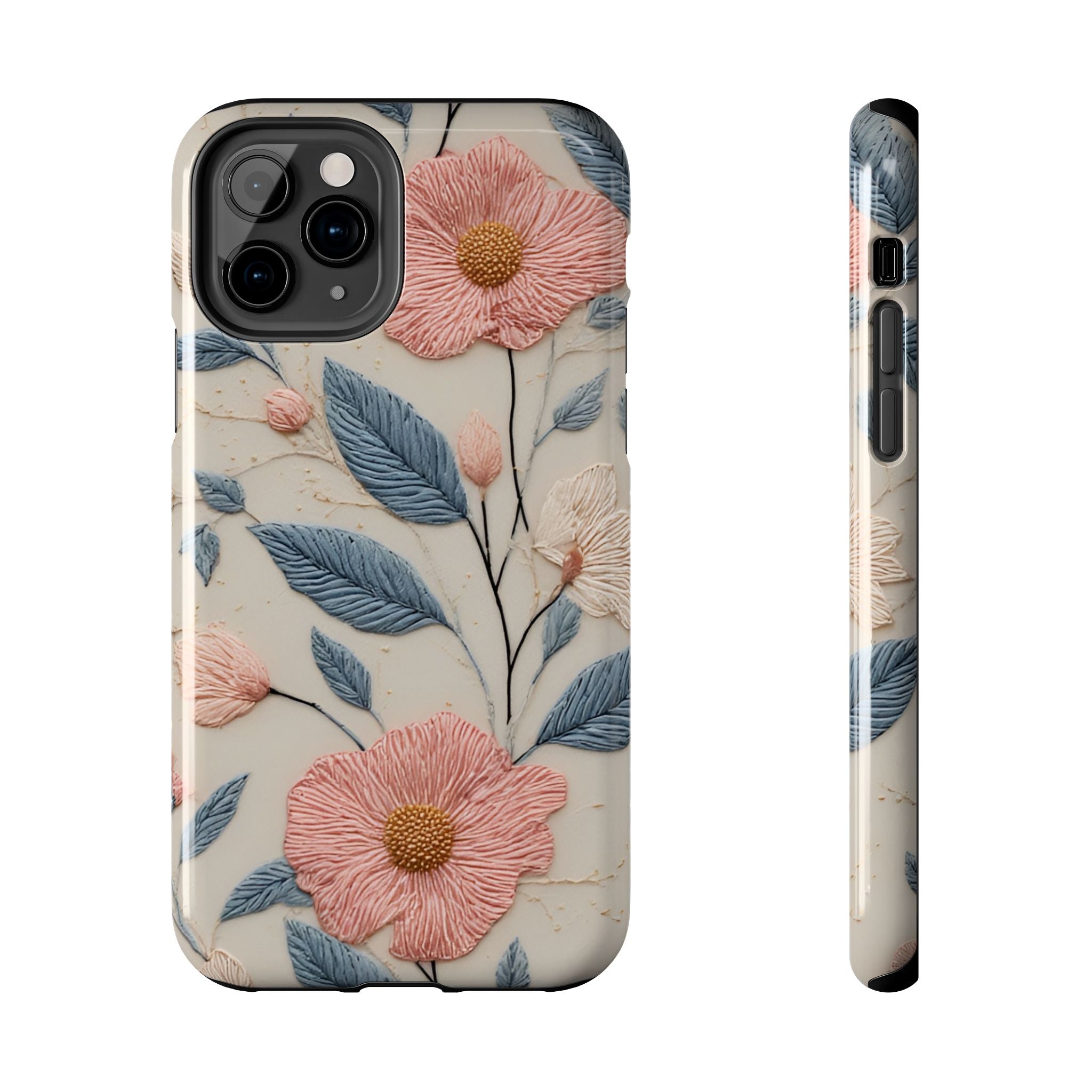 Floral Embroidered Tough Phone Case — Pink Blossom Protective Phone Cover