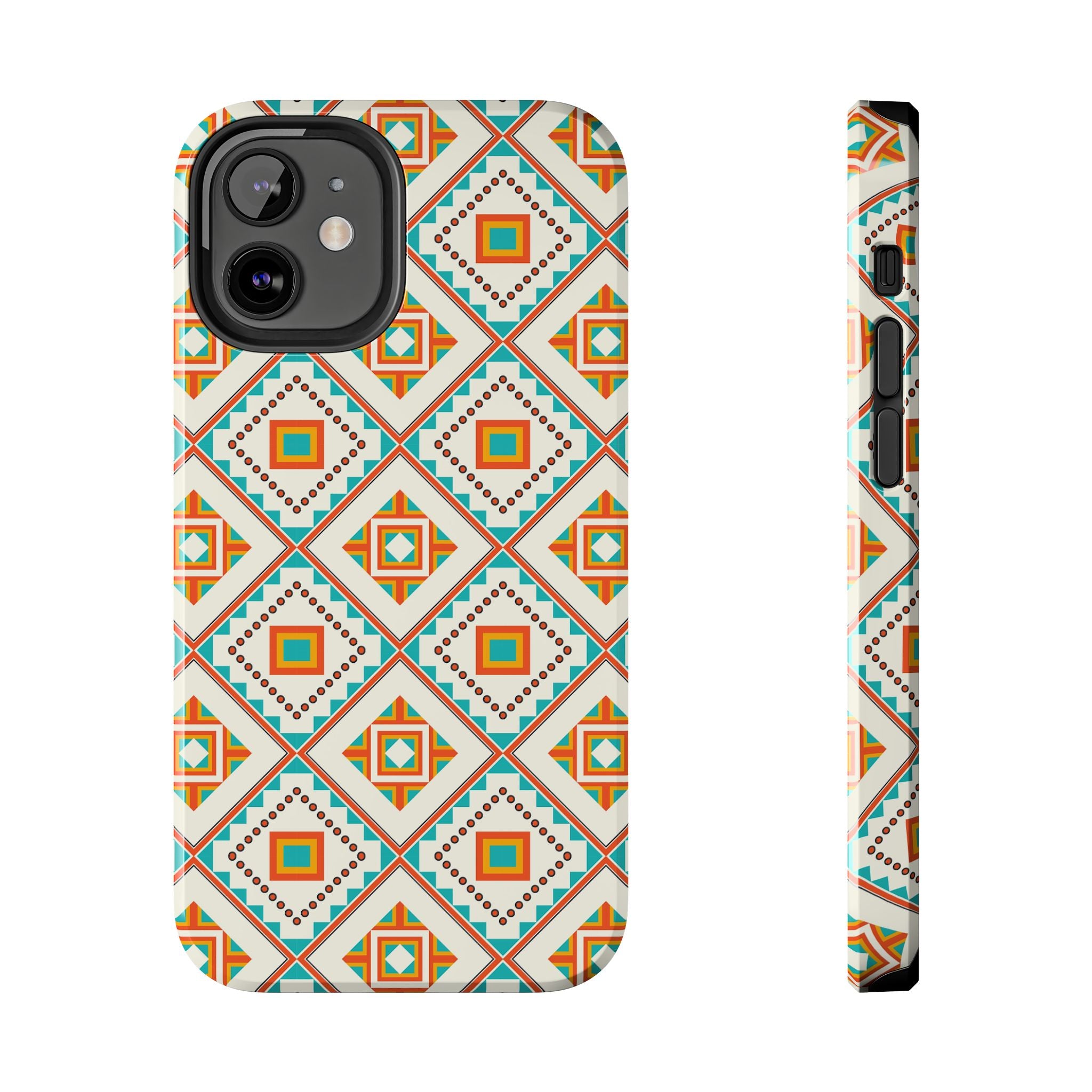 Tough Phone Case — Geometric Retro Tile Pattern, Orange & Teal Protective Cover