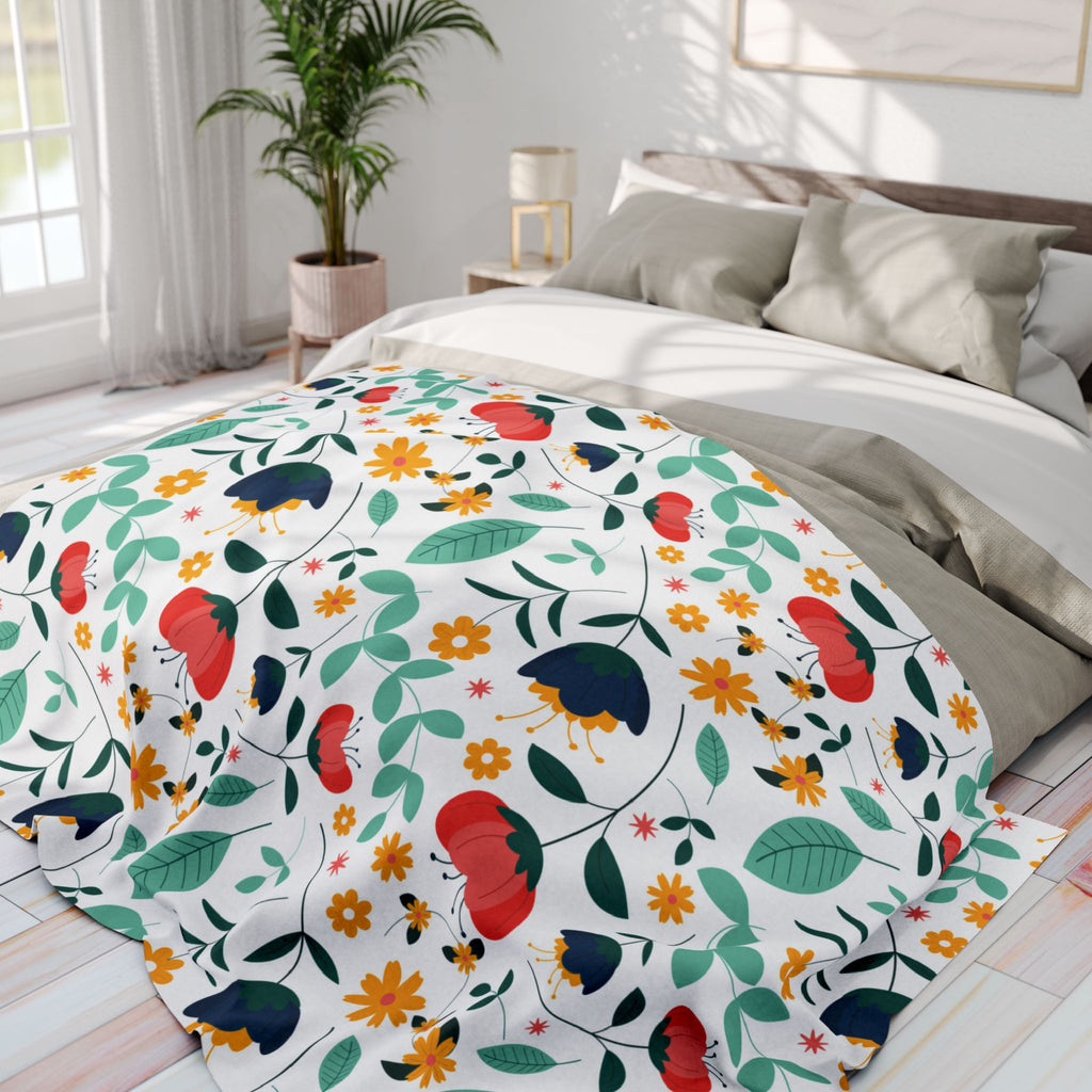 Floral Fleece Blanket — Colorful Retro Flower Pattern Cozy Throw
