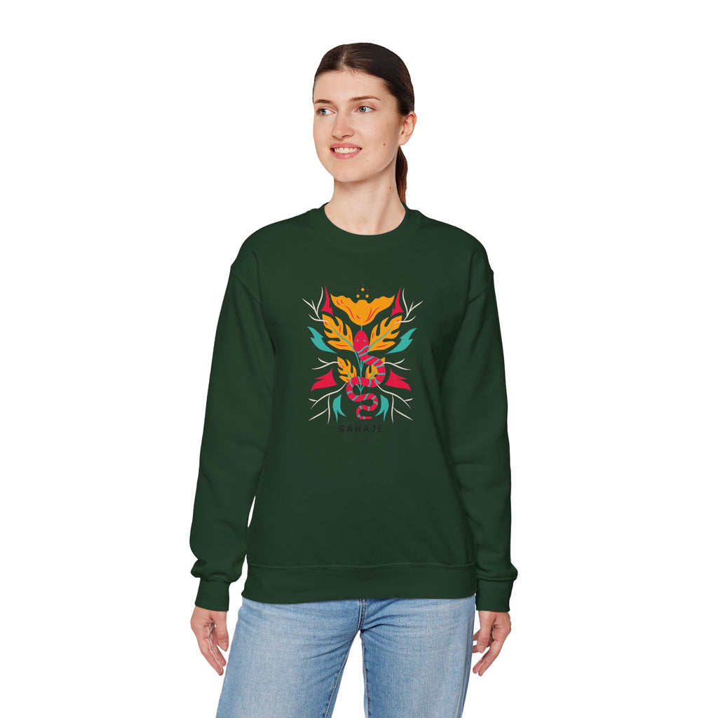 Sahajé Floral Snake Crewneck Sweatshirt — Colorful Botanical Serpent Graphic