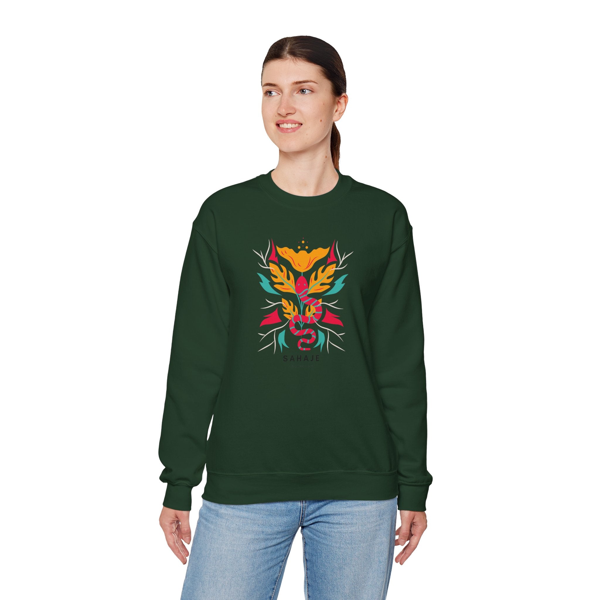 Sahajé Floral Snake Crewneck Sweatshirt — Colorful Botanical Serpent Graphic