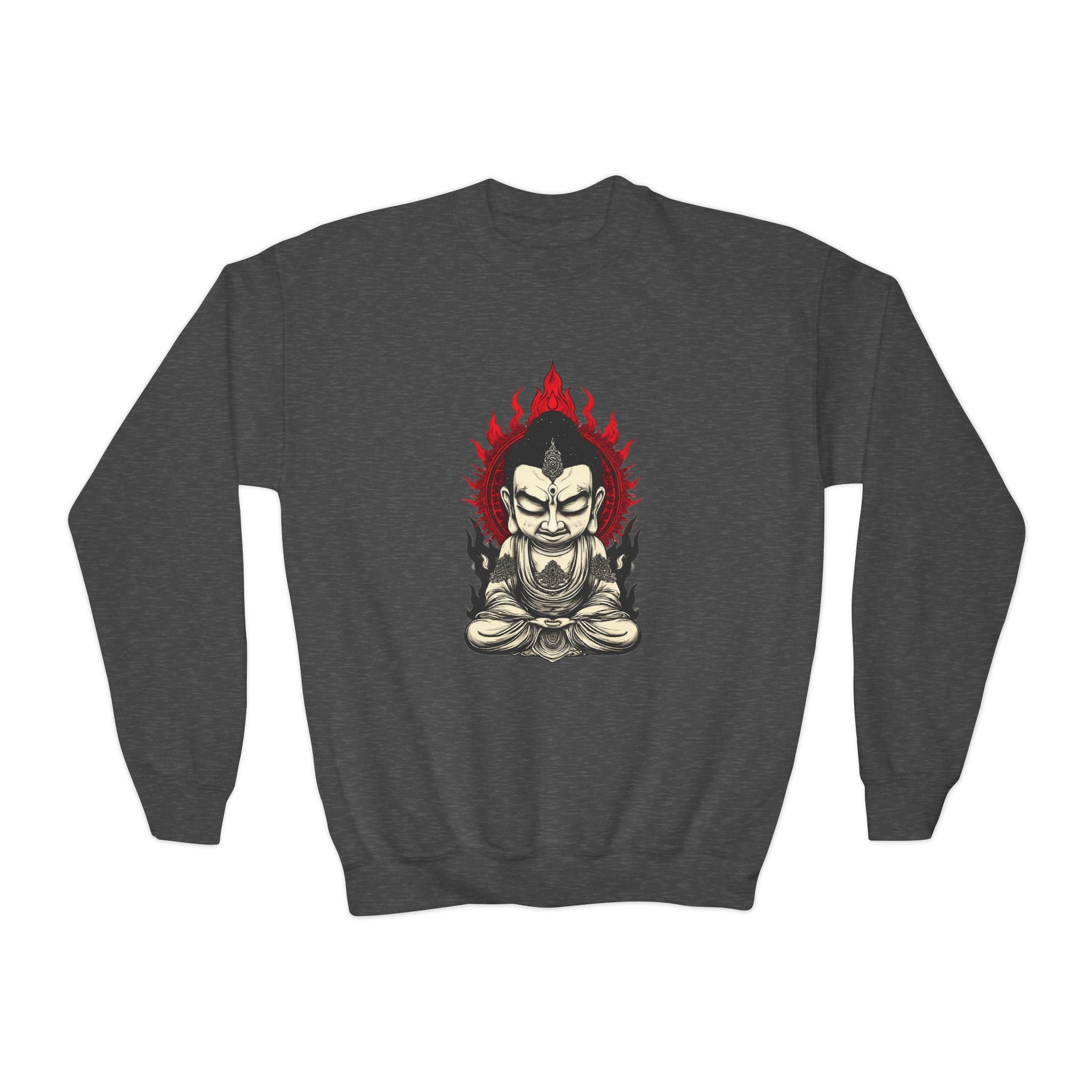 Flaming Meditating Buddha Youth Crewneck Sweatshirt — Zen Graphic Sweater for Kids