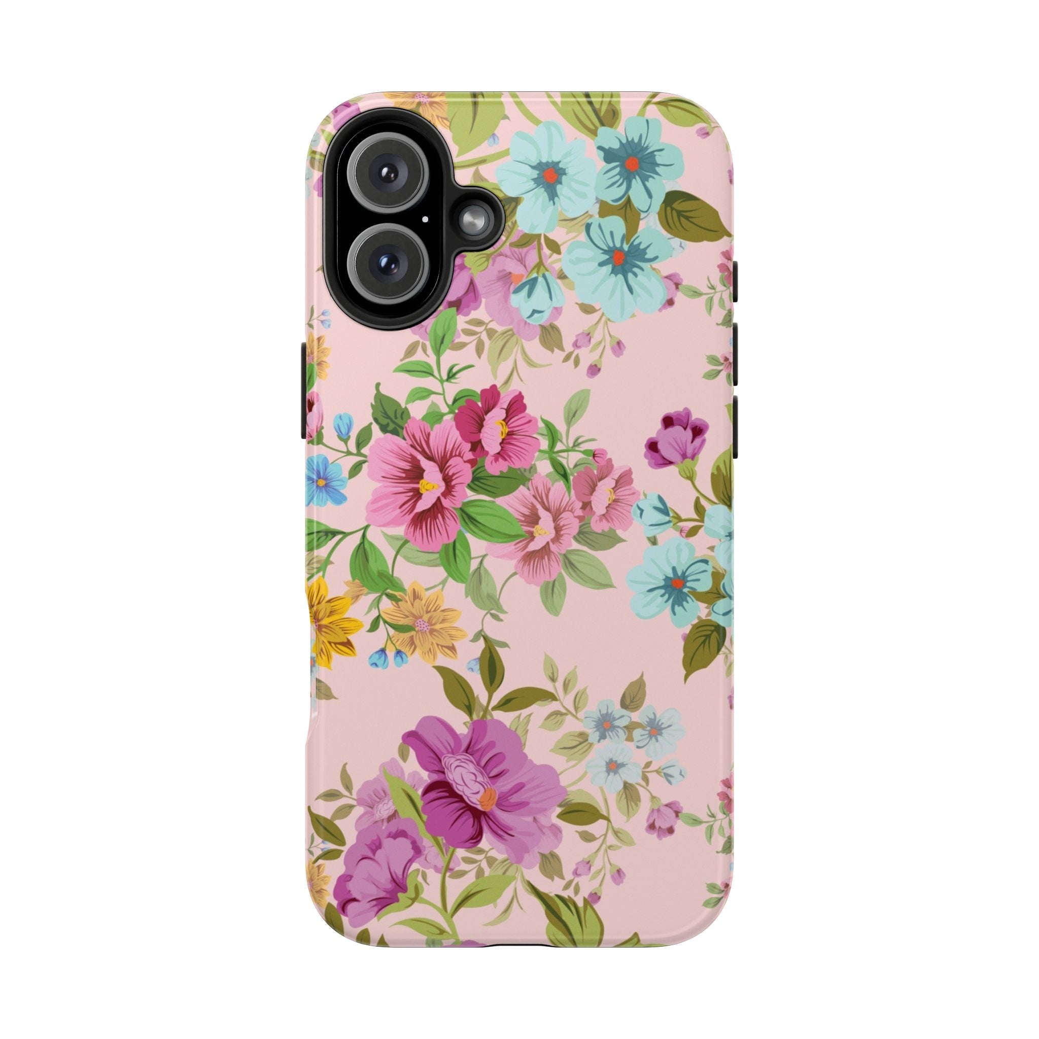 Floral Vintage Tough Phone Case — Pink Rose & Blue Blossom Protective Cover