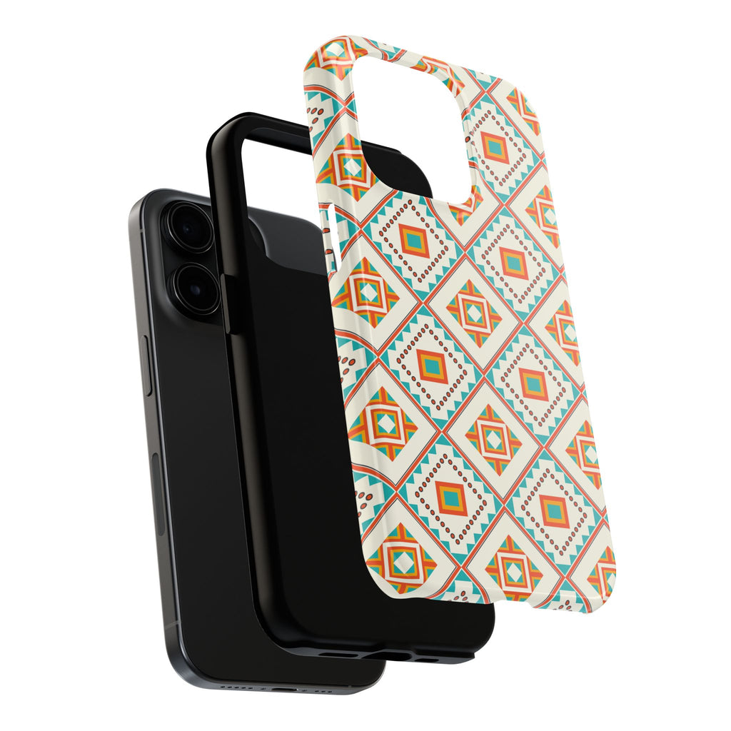 Tough Phone Case — Geometric Retro Tile Pattern, Orange & Teal Protective Cover