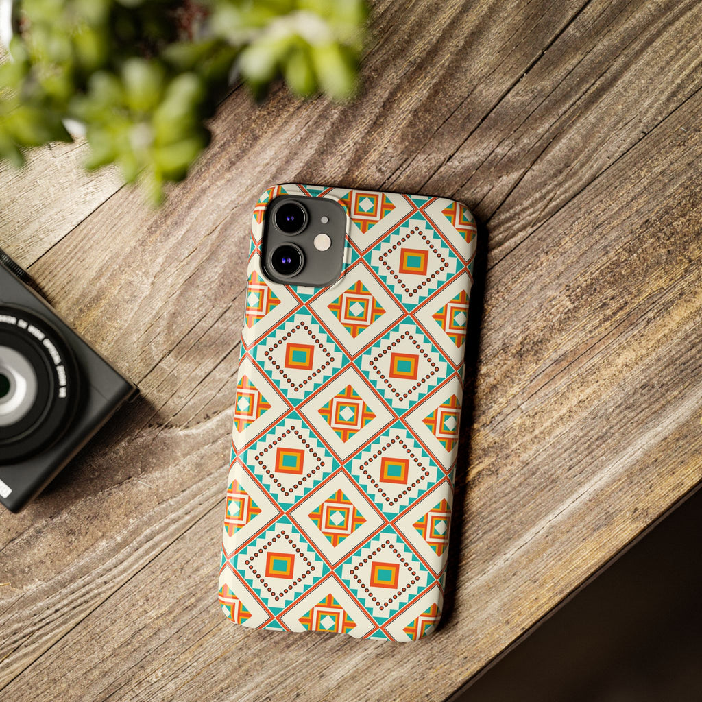 Slim Phone Case — Retro Geometric Tile Pattern (Turquoise & Orange)