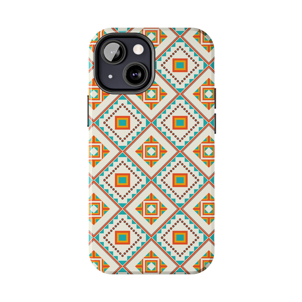 Tough Phone Case — Geometric Retro Tile Pattern, Orange & Teal Protective Cover