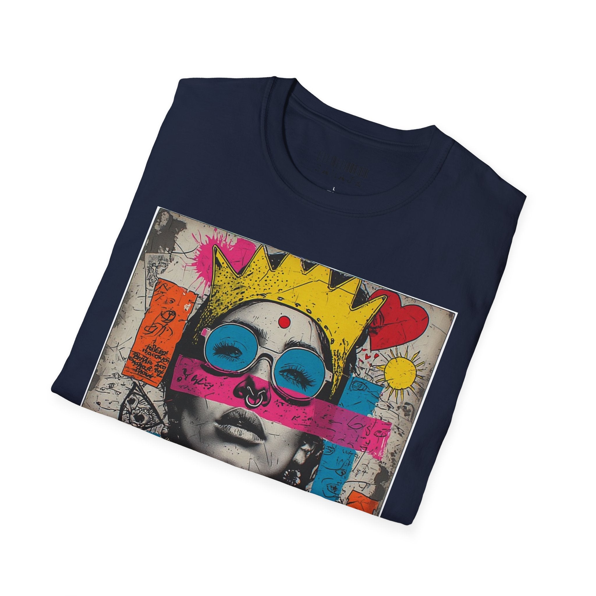 Abstract Pop Art Portrait T-Shirt — Neon Crown & Sunglasses Graphic