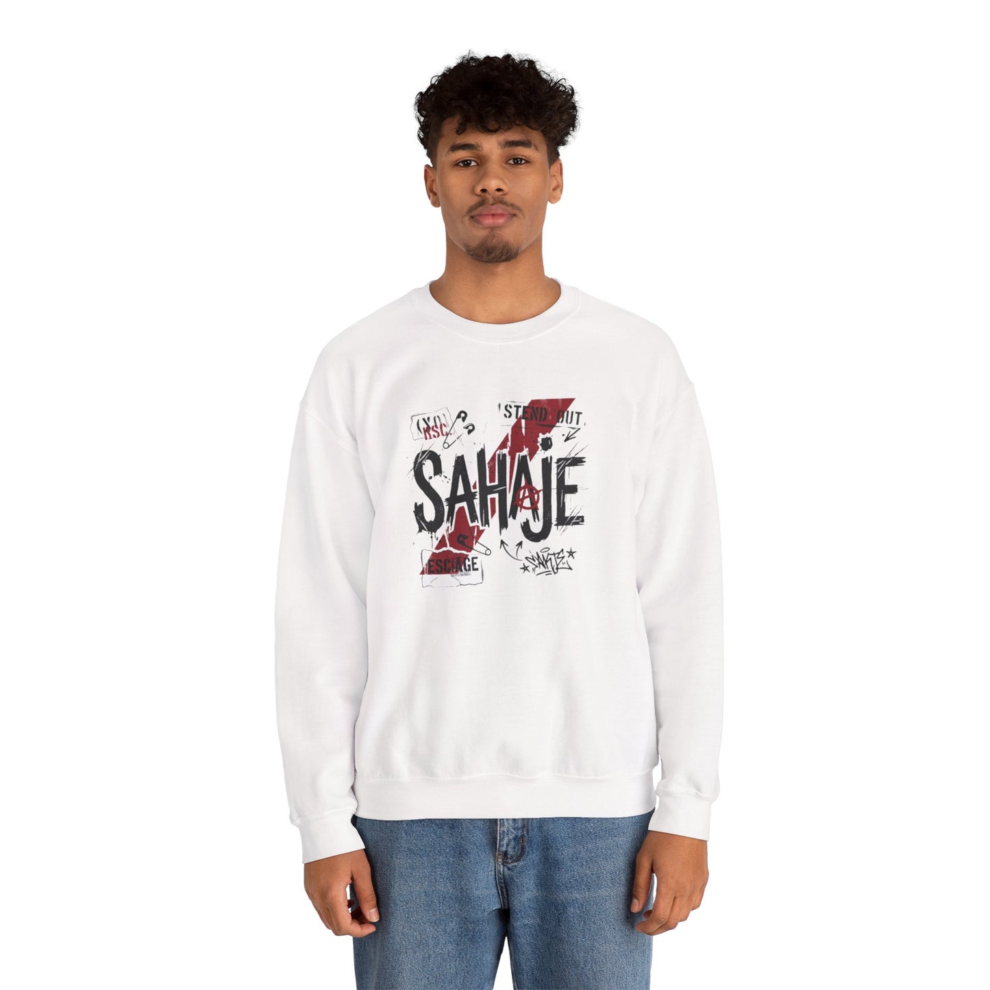 Crewneck Sweatshirt — 'Sahaje' Distressed Script Graphic