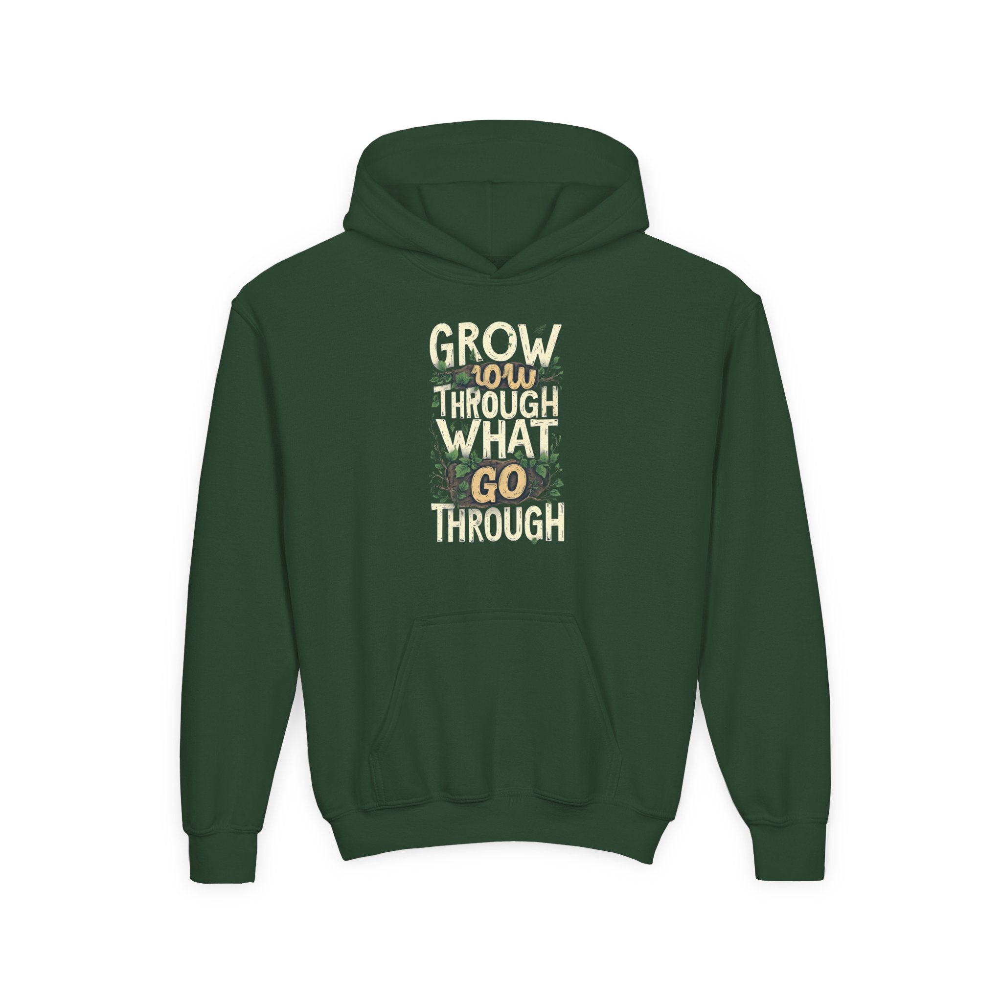 Youth Hoodie — 'Grow Slow, Go Through' Floral Motivational Hooded Sweatshirt