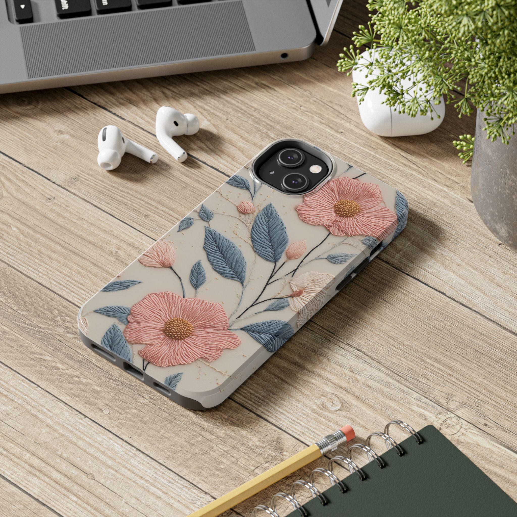 Floral Embroidered Tough Phone Case — Pink Blossom Protective Phone Cover