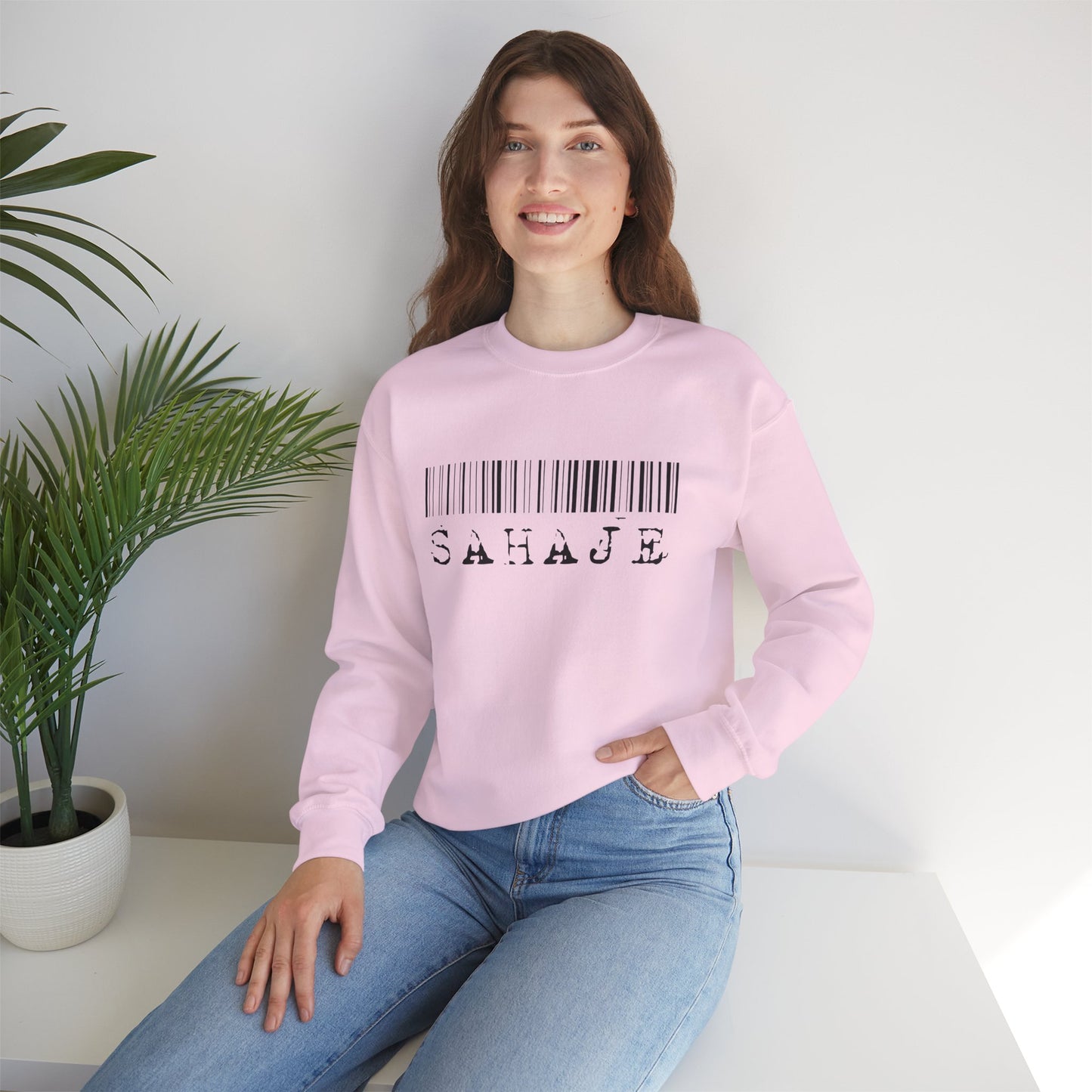 Sahaje Barcode Crewneck Sweatshirt — Minimalist White Graphic Pullover