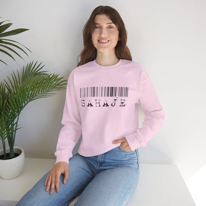 Sahaje Barcode Crewneck Sweatshirt — Minimalist White Graphic Pullover