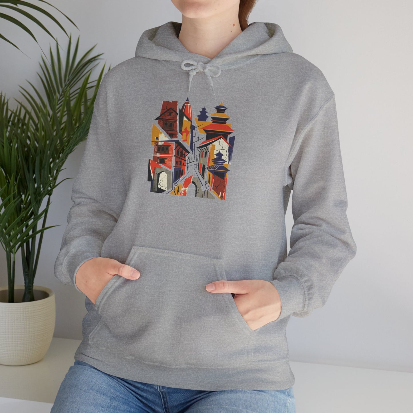 Cityscape Collage Hoodie — Colorful Urban Architecture Graphic Hoodie