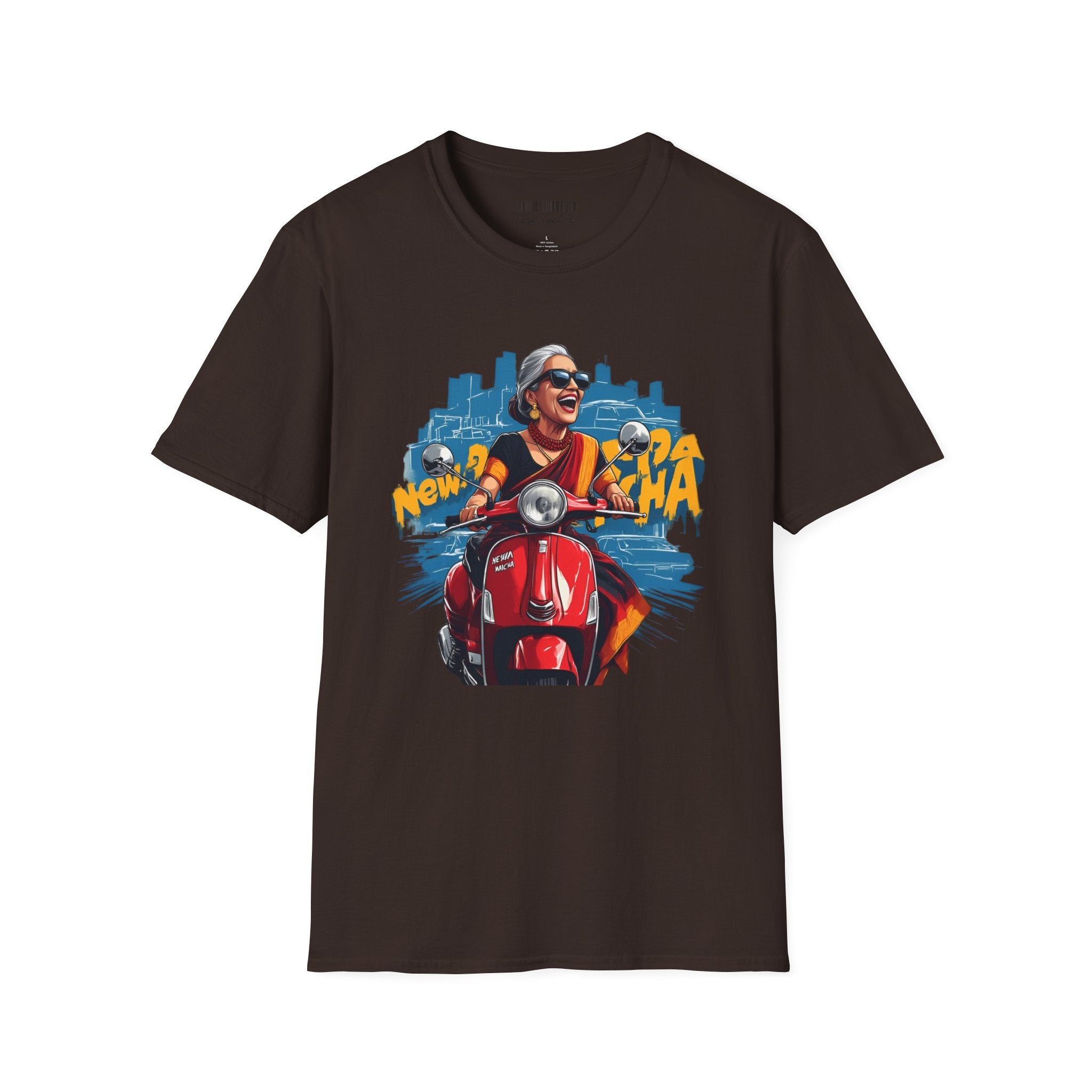 Newa Maicha Riding Scooter T-Shirt – Newari Woman in New York Graphic Tee, Cultural & Urban Design