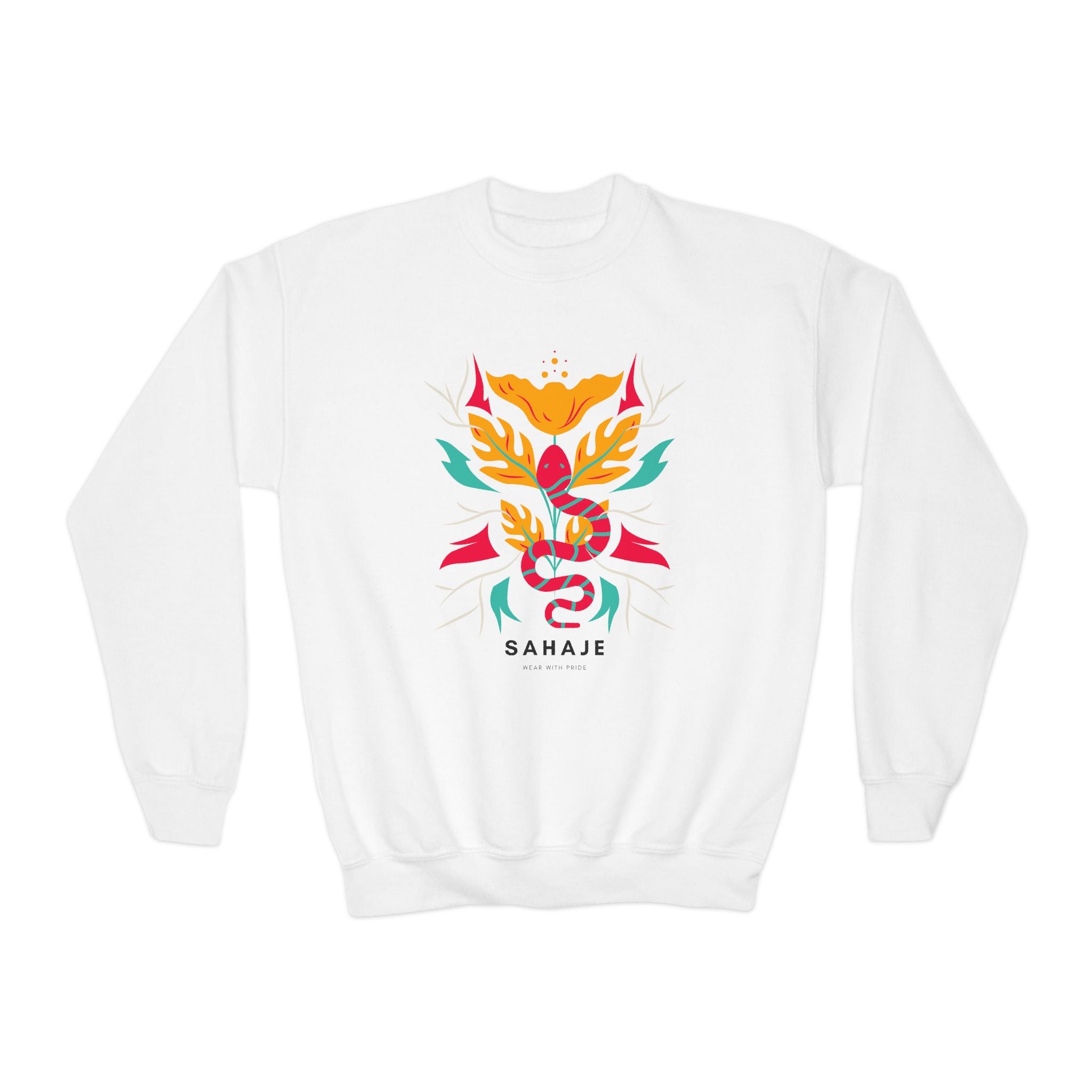 Youth Crewneck Sweatshirt — Vibrant Floral Snake Graphic “SAHAJE”