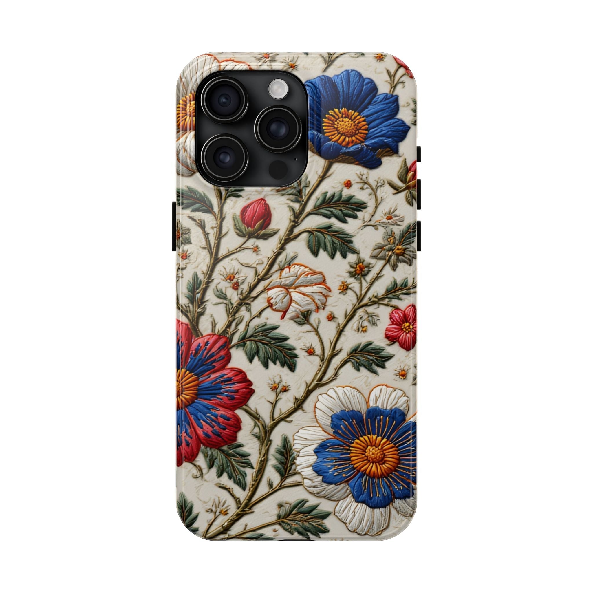 Floral Embroidery Tough Phone Case — Vintage Blue & Red Garden Design