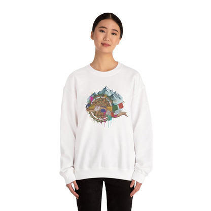 Adventure Mountain Crewneck Sweatshirt — Colorful Hiking Compass & Peaks Design