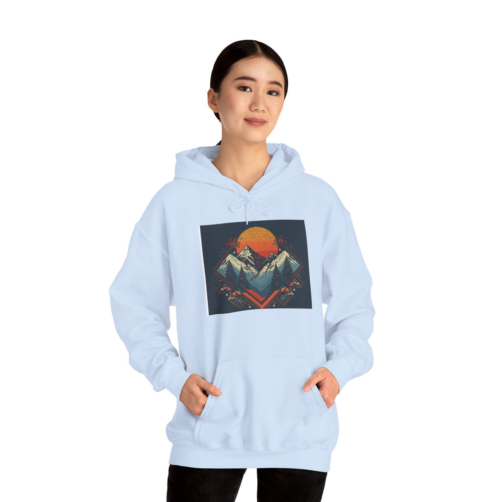 Mountain Sunset Hoodie – Retro Geometric Peaks & Rising Sun Sweatshirt
