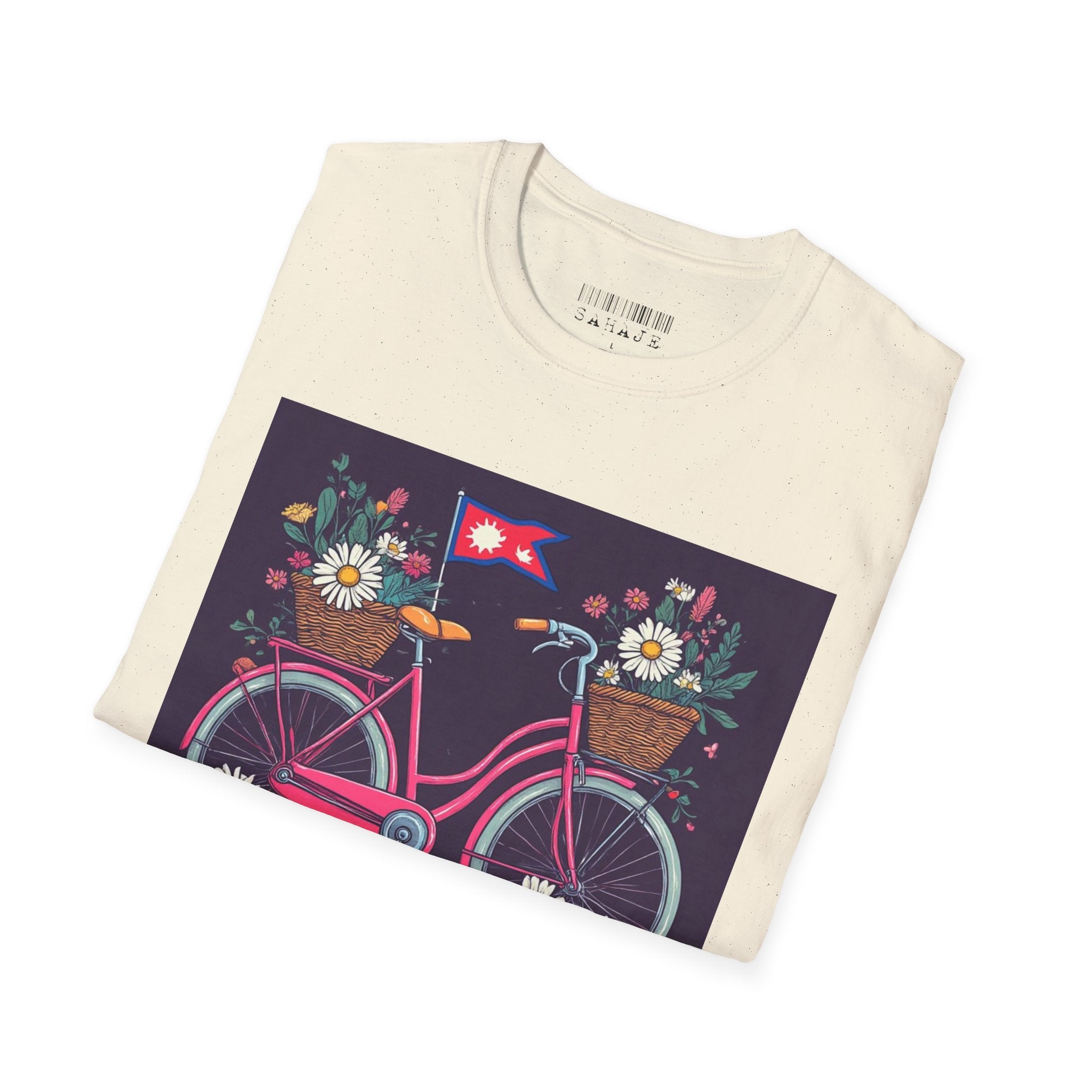 Bicycle Floral T-Shirt – Pink Bike with Baskets & "Sahaje" Text