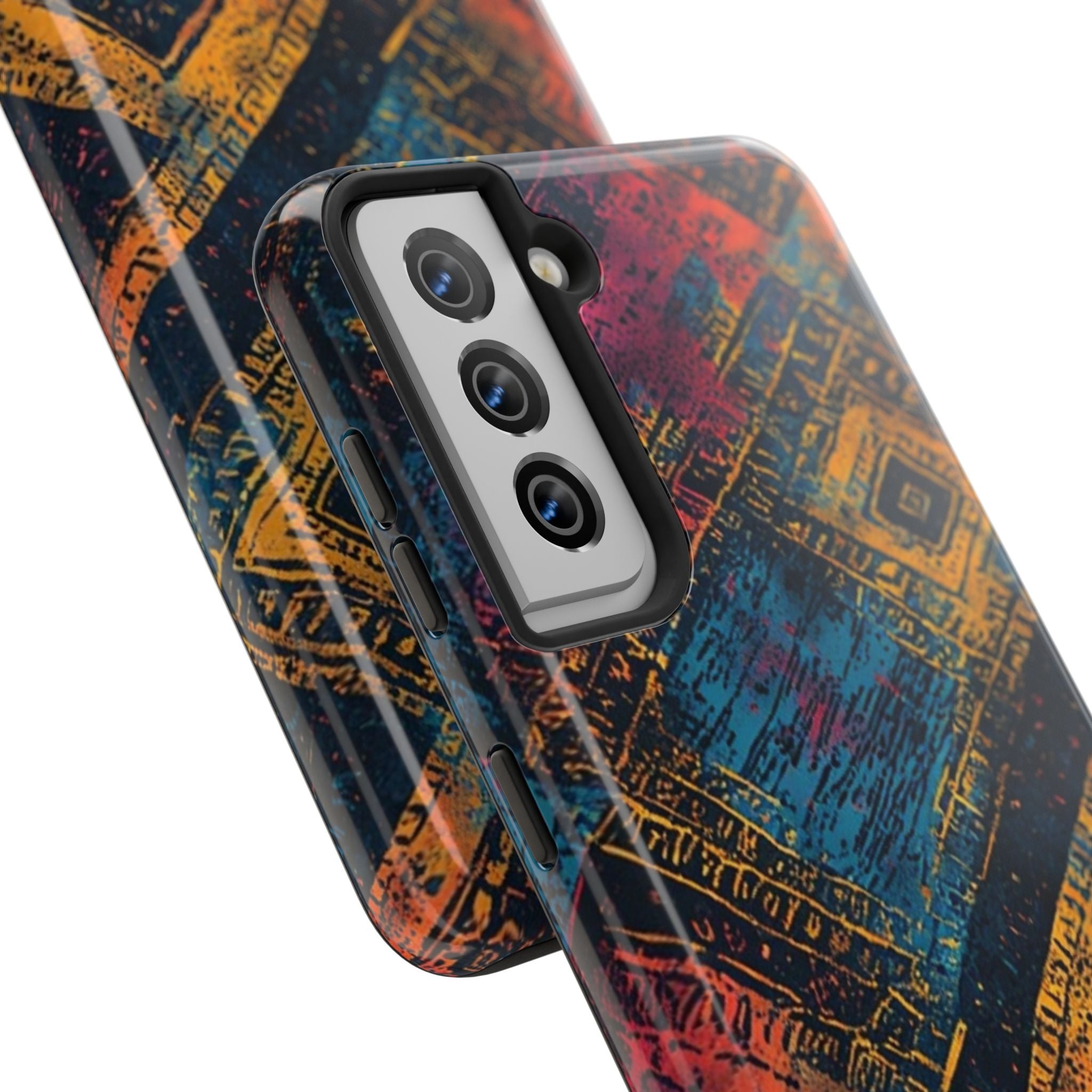 Tough Phone Case – Abstract Rustic Geometric Design (Blue, Orange, Magenta)