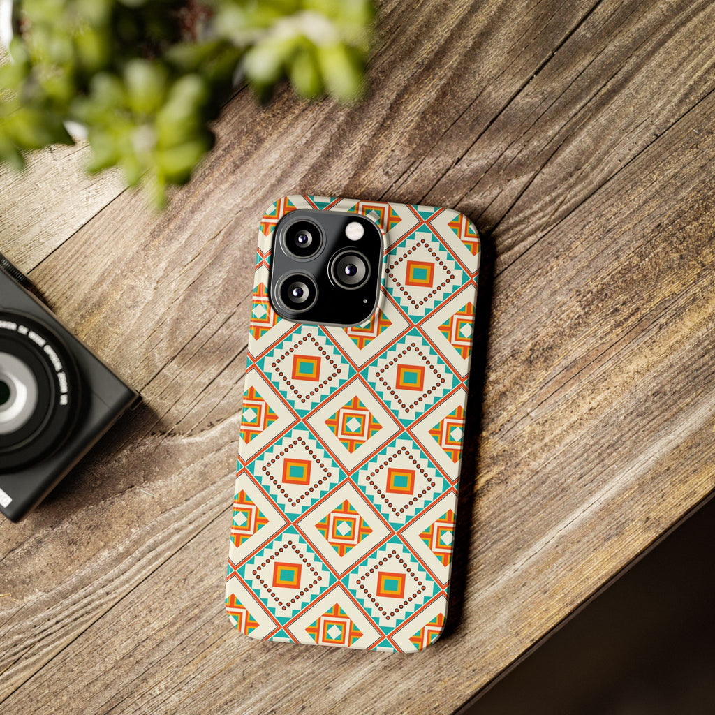 Slim Phone Case — Retro Geometric Tile Pattern (Turquoise & Orange)